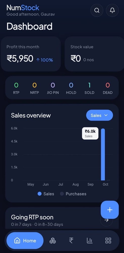 NumStock app dashboard showing VIP number stock, RTP and profit
