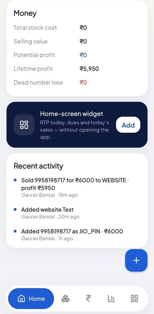 NumStock money and activity screen with sales and profit