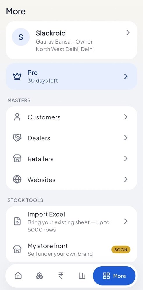 NumStock masters and tools screen
